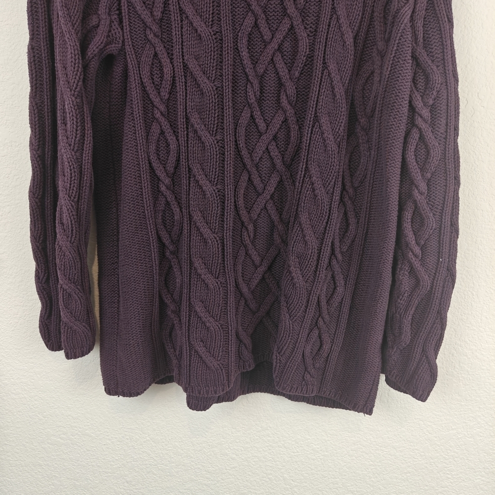 Bryn Walker Cotton Turtleneck Chunky Cable Knit Sweater In Eggplant Purple Sz LG - Picture 2 of 11